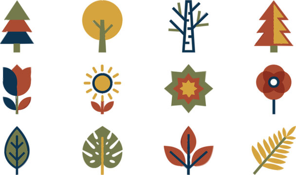  3D isometric nature icon vector set with geometric autumn trees flowers and leaves for app design