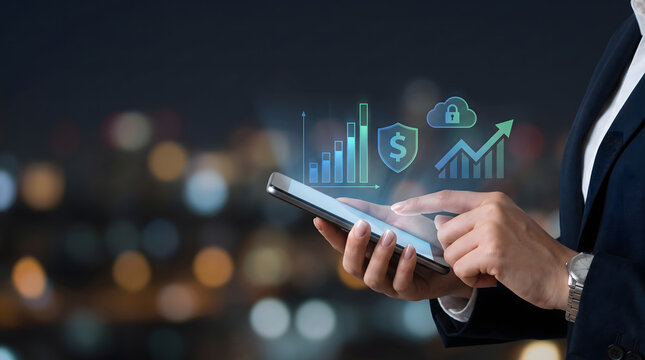 A professional manages digital business strategies through a smartphone, interacting with glowing icons for financial growth, data security, cloud technology, and market analysis