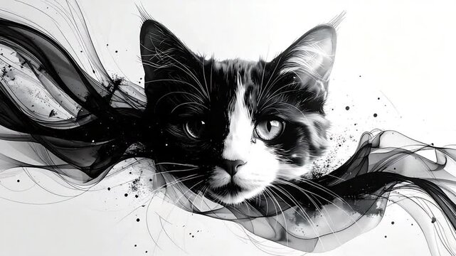 A stylized black and white cat portrait framed by flowing abstract ink shapes