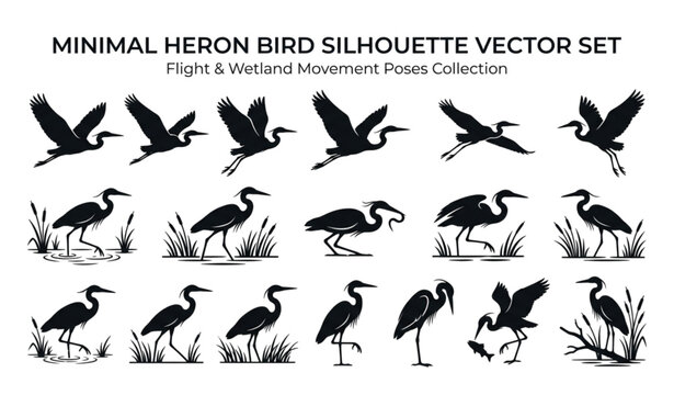 Illustrate a minimalist vector pack of heron bird silhouettes showcasing various natural movement poses on a solid white background. Include herons flying high with stretched wings, gliding in air, st