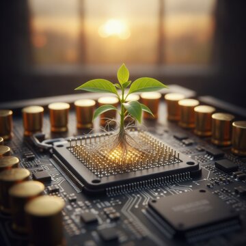 Sprouting Plant Emerging from a Microprocessor on a Circuit Board with Warm Sunset Lighting