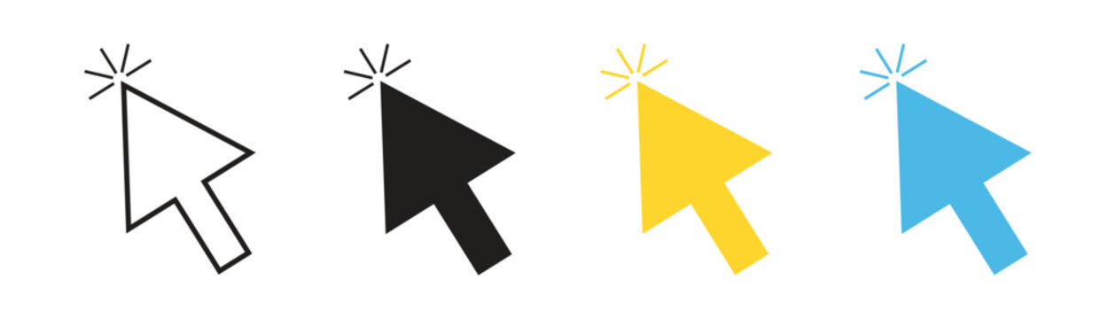 Mouse Click Cursor Pointer Icon Set in Outline, Solid Black and Color Styles Vector Collection