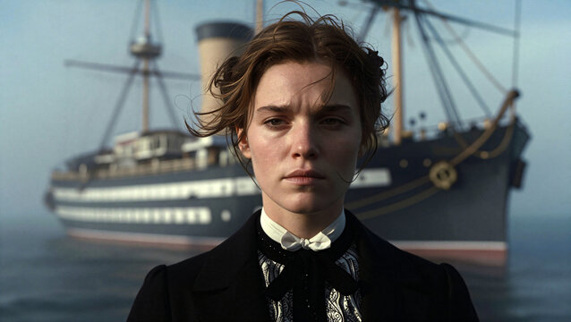 Portrait of a woman in victorian clothing with a historic steamship