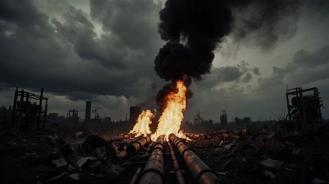 Dramatic fire explosion in industrial setting with smoke clouds