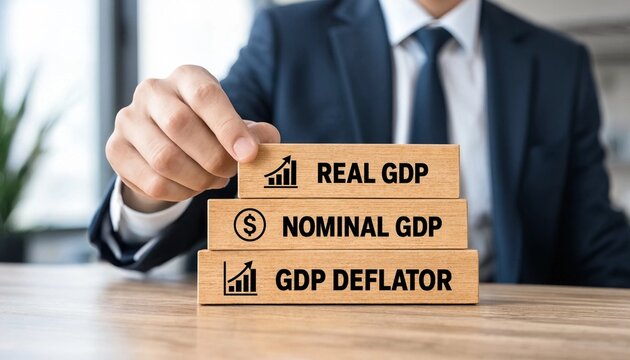 Businessman in suit holding wooden blocks with real GDP nominal GDP and GDP deflator on a desk in office