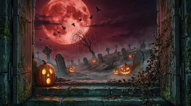 Halloween Glowing Jack O Lantern Pumpkins at Sunset with Spooky Forest Background, Autumn Holiday Banner with Copy Space