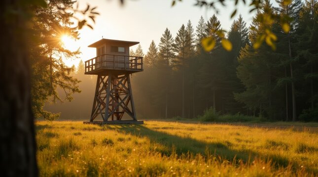 Scenic Sunset Overlook with Wooden Watchtower in Lush Green Forest Clearing