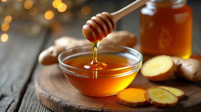 Honey Dripping from Wooden Dipper into Bowl Surrounded by Fresh Ginger on Rustic Wooden Table with Warm Bokeh Background