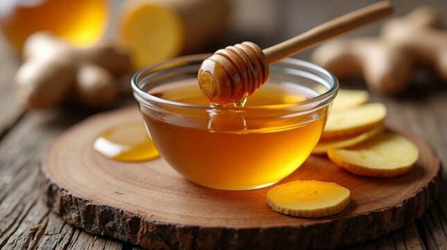 Golden honey drizzled from a wooden dipper into a glass bowl surrounded by fresh ginger slices on a rustic wooden surface