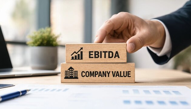 Businessman placing wooden block with EBITDA and company value on office desk with laptop and papers