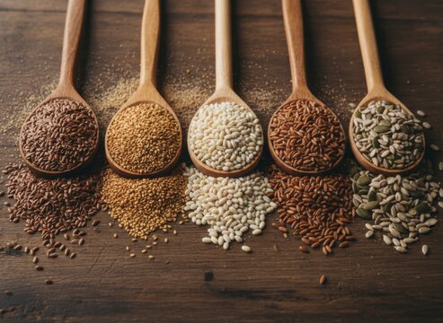 Variety of Seeds and Grains in Wooden Spoons on Rustic Table