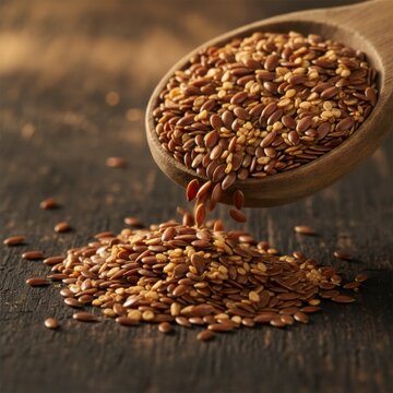 Wooden spoon pouring flaxseeds onto rustic wooden surface