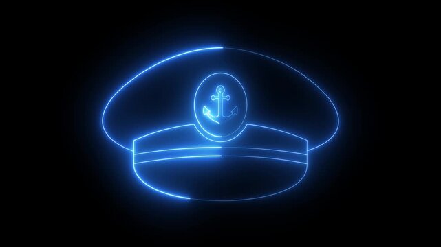 Glowing neon Captain hat icon isolated on black background. maritime accessory, Uniform Cap Symbols, Nautical Headwear and nautical theme element. 4K Video animation.