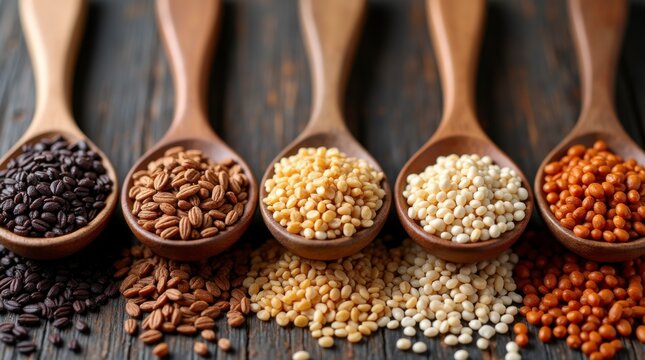 Variety of Colorful Seeds in Wooden Spoons on Rustic Table