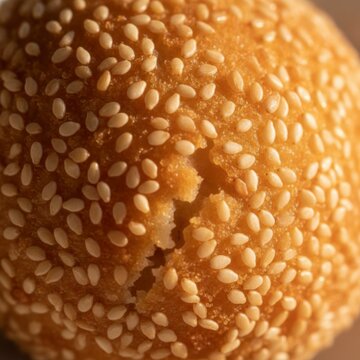 Close-up of a golden sesame ball with a cracked surface, showcasing its textured exterior and fine sesame seeds