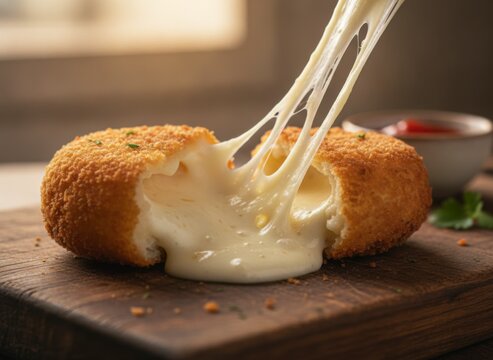 Melted cheese oozing from a crispy croquette on a wooden board with a side of dipping sauce