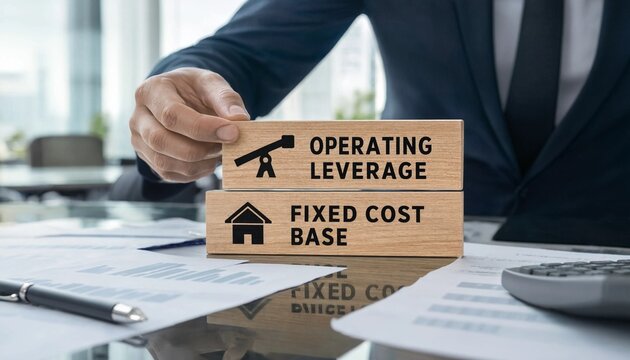Businessman placing wooden block with operating leverage text on top of fixed cost base block on office desk with papers and calculator