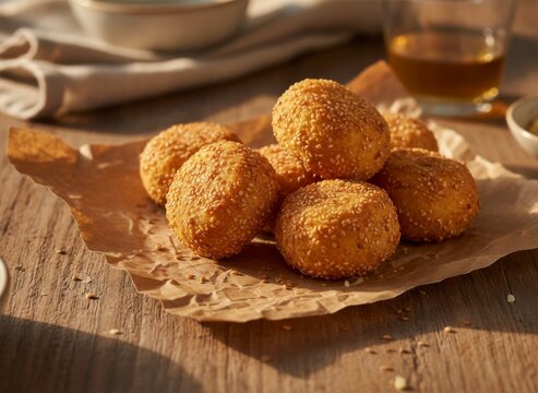 Golden Sesame-Coated Snack Balls on Rustic Wooden Table with Soft Lighting