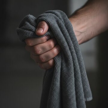 Close-up of a hand gripping a textured gray towel in a softly lit indoor setting