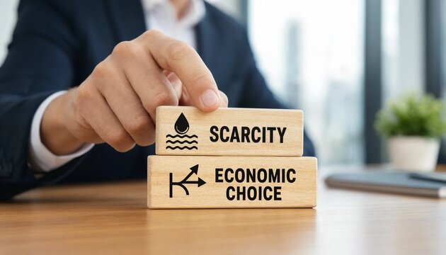 Businessman placing wooden block with scarcity symbol and text on top of economic choice block on office desk in front of blurred background