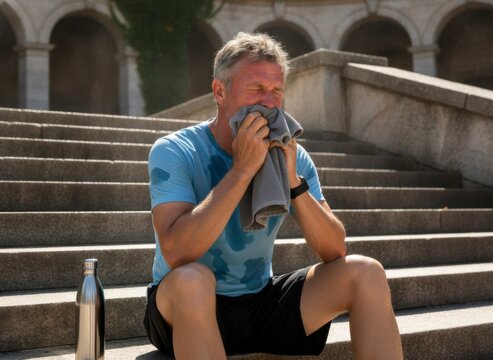 Exhausted middle-aged man sitting on steps, wiping sweat with towel after intense workout in sunny outdoor setting