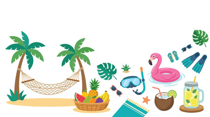 This vibrant summer vector illustration features a tropical beach scene with a hammock, fresh fruit basket, snorkeling gear, and a flamingo float. © Ubay