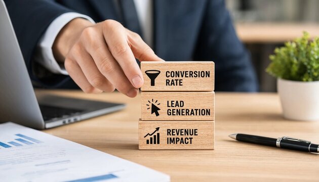 Businessman placing wooden blocks with conversion rate lead generation and revenue impact on office desk with laptop and papers