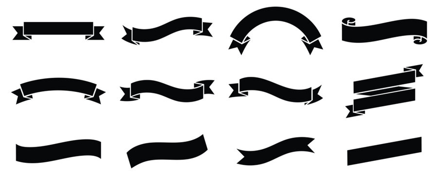 Set of black ribbon banners and vintage scroll elements for graphic design and invitation card decorations
