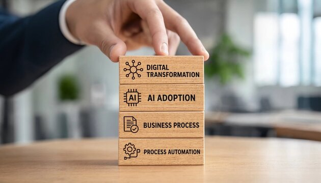 Businessman placing wooden blocks with digital transformation and AI adoption concepts on a table in an office  technology and innovation in business strategy and process automation