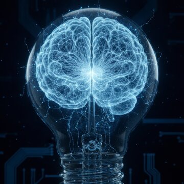 Illuminated Brain Inside a Light Bulb Representing Ideas and Innovation with Digital Circuit Background