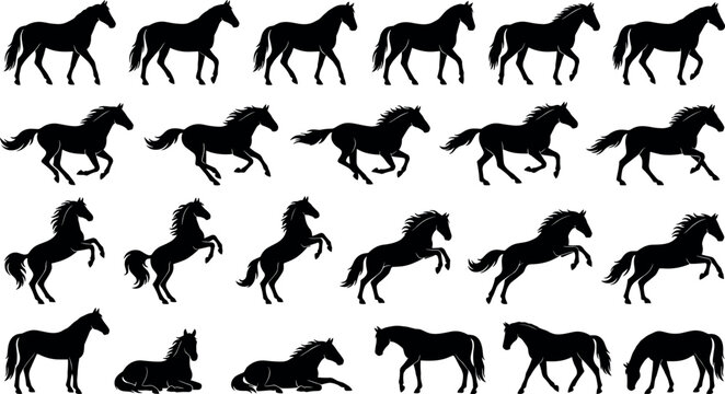 Horse Silhouette Animation Sprite Sheet Set with Walking, Running, Rearing, Jumping, and Grazing Sequence Keyframes for Game Development and Graphic Designs