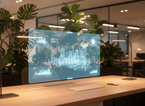 Futuristic office workspace featuring a transparent holographic monitor displaying cityscape data with indoor plants