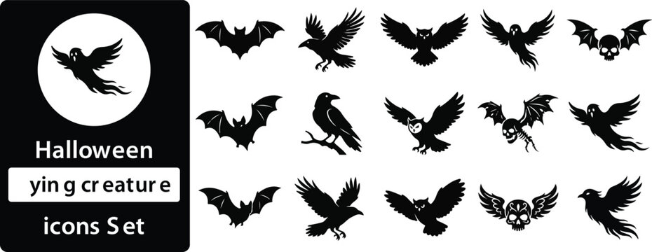Set of 15 silhouette icons related to Halloween, creatures - collection of bat, raven, owl, skull, ghost, wings, flying, bird, skeleton vector elements