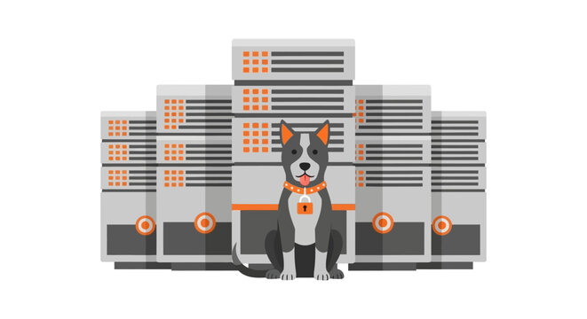 Cybersecurity Guard Dog Protecting Data Center Server Rack - Data Protection Concept