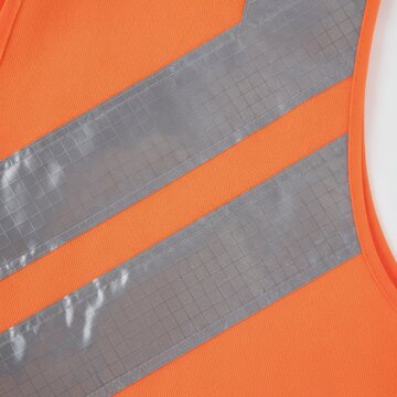 Close-up of an orange safety vest with reflective stripes on a white background