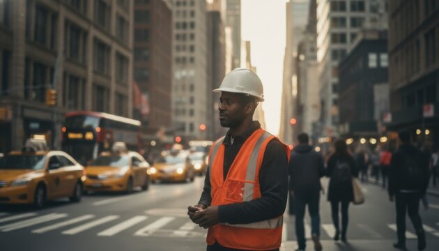 Construction worker in safety gear standing on a busy city street during golden hour with taxis and pedestrians