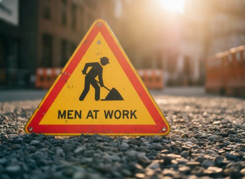 Caution Sign Indicating Men at Work on Construction Site with Sunset Background