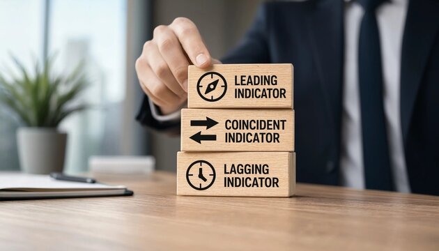 Businessman stacking wooden blocks with leading coincident and lagging indicator texts in office setting with desk and plant