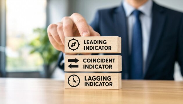 Businessman stacking wooden blocks with leading coincident lagging indicator texts in office setting  business concept
