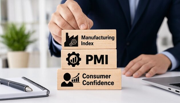 Businessman stacking wooden blocks with manufacturing index PMI and consumer confidence on office desk with laptop notebook and pen