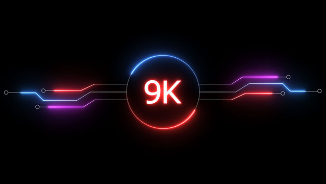 Neon social media followers or subscribers. Neon 9K celebration text illustration background. on a black background. and creating a stunning 4k illustration.