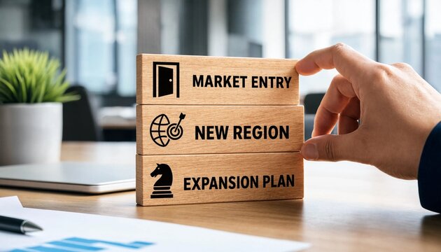 Hand holding wooden blocks with business strategy concepts  market entry  new region  expansion plan on office desk with laptop and plant