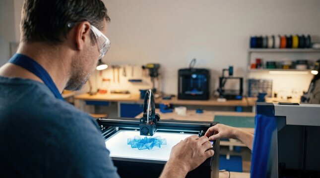Male engineer operating industrial 3D printer in modern workshop, additive manufacturing technology concept, prototyping and innovation in engineering industry