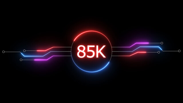 Neon social media followers or subscribers. Neon 85K celebration text illustration background. on a black background. and creating a stunning 4k illustration.