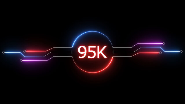 Neon social media followers or subscribers. Neon 95K celebration text illustration background. on a black background. and creating a stunning 4k illustration.