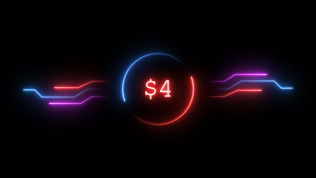 4 dollar counting number illustration. Neon counts up dollar illustration from 0 to 4 number. on a black background. and creating a stunning 4k illustration.
