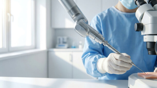 Robotic surgery instrument concept in sterile clinic, surgeon glove guides microscope device with precise microsurgery touch