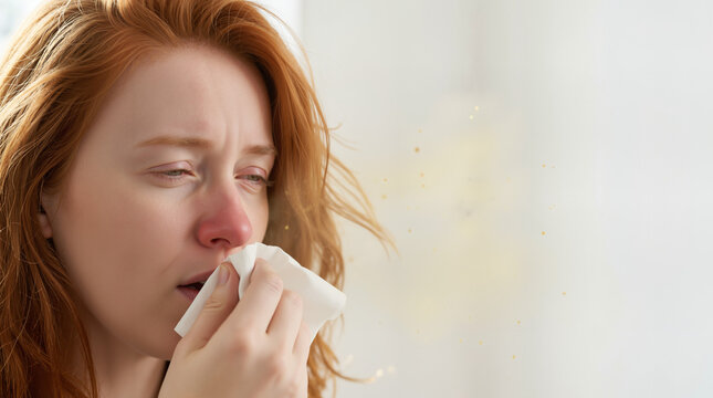Close-up of a young woman sneezing into a tissue. Red haired female suffering from seasonal allergies and hay fever with visible yellow pollen particles in the air. Copy space for text