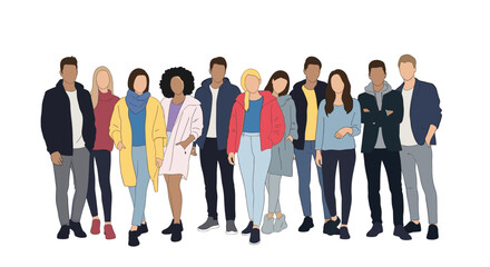 Fototapeta premium Group of diverse people wearing casual winter and autumn clothing stand together in a row against a plain white background representing unity.