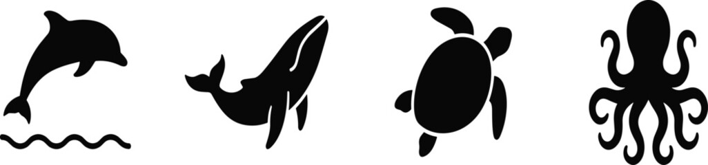 Black silhouette icons of marine sea animals including jumping dolphin whale turtle and octopus © Mdjoshelahamed4400 